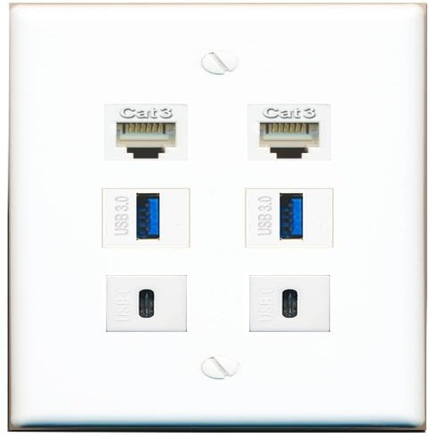 2 Phone 2 USB-3 2 USBC Flat/Solid Wall Plate [White]