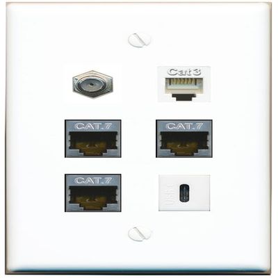 3 CAT7 Coax Phone USBC Flat/Solid Wall Plate [White]