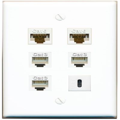 2 CAT6 3 Phone USBC Flat/Solid Wall Plate [White]