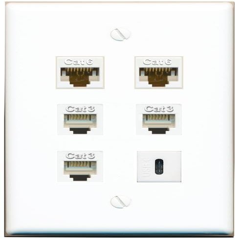 2 CAT6 3 Phone USBC Flat/Solid Wall Plate [White]