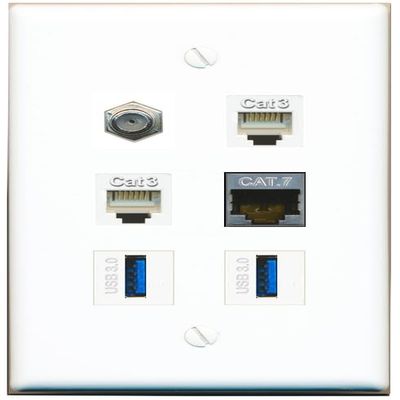 CAT7 Coax 2 Phone 2 USB-3 Flat/Solid Wall Plate [White]