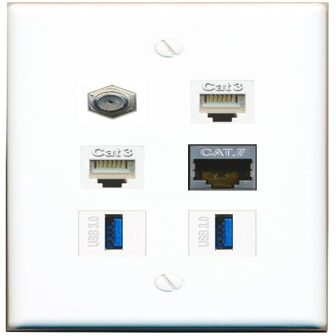 CAT7 Coax 2 Phone 2 USB-3 Flat/Solid Wall Plate [White]