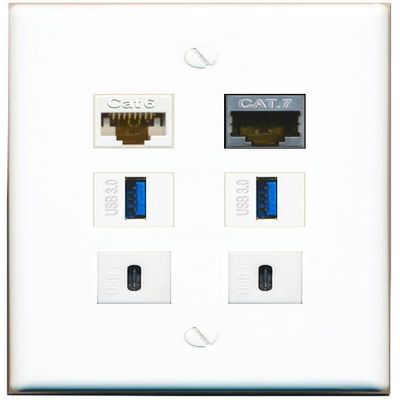CAT6 CAT7 2 USB-3 2 USBC Flat/Solid Wall Plate [White]