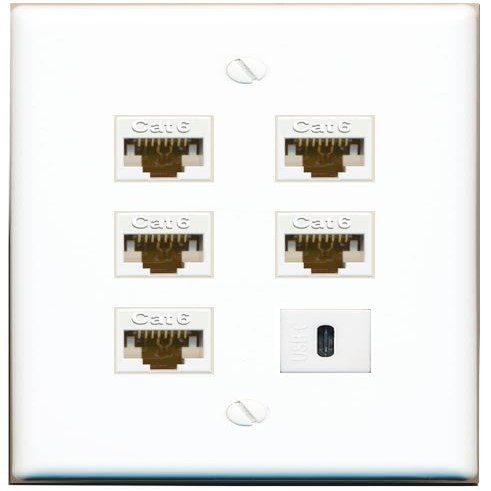 5 CAT6 USBC Flat/Solid Wall Plate [White]