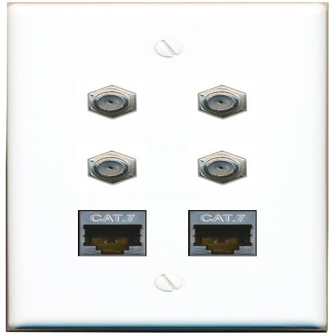 2 CAT7 4 Coax Flat/Solid Wall Plate [White]