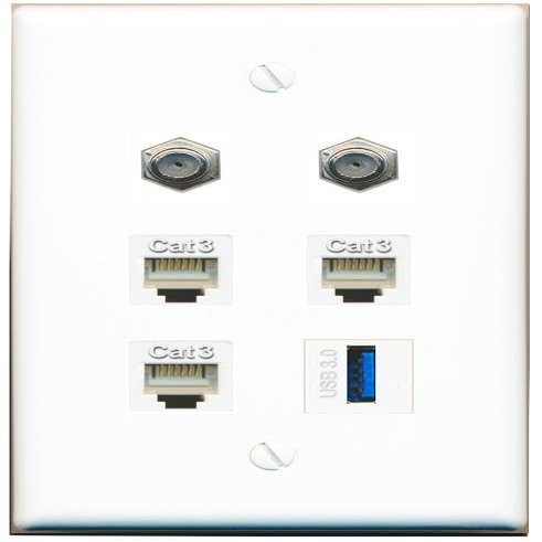 2 Coax 3 Phone USB-3 Flat/Solid Wall Plate [White]