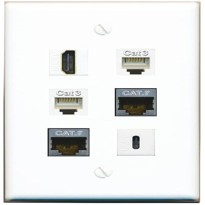 2 CAT7 HDMI 2 Phone USBC Flat/Solid Wall Plate [White]