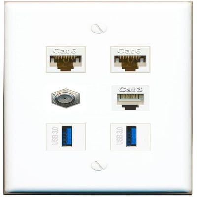 2 CAT6 Coax Phone 2 USB-3 Flat/Solid Wall Plate [White]