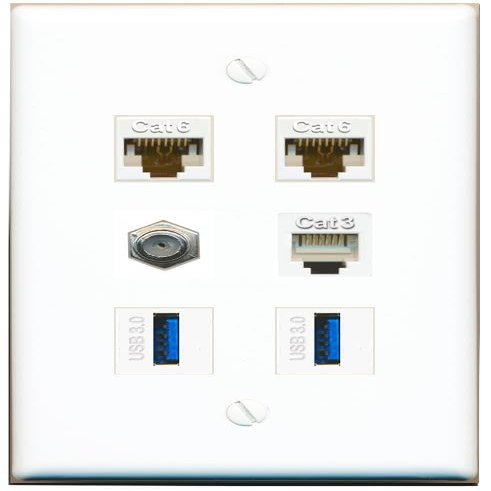 2 CAT6 Coax Phone 2 USB-3 Flat/Solid Wall Plate [White]