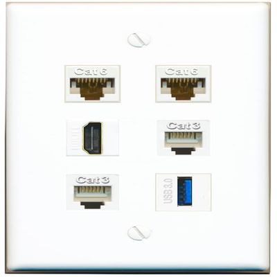 2 CAT6 HDMI 2 Phone USB-3 Flat/Solid Wall Plate [White]
