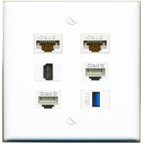 2 CAT6 HDMI 2 Phone USB-3 Flat/Solid Wall Plate [White]