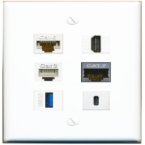 CAT6 CAT7 HDMI Phone USB-3 USBC Flat/Solid Wall Plate [White]