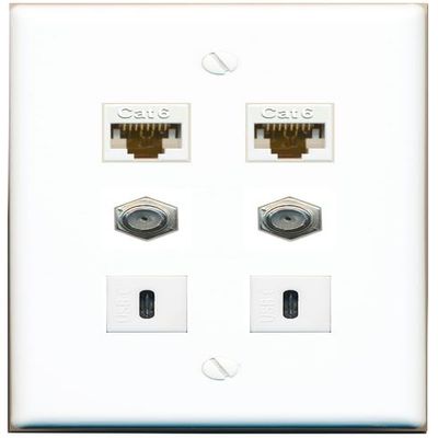 2 CAT6 2 Coax 2 USBC Flat/Solid Wall Plate [White]