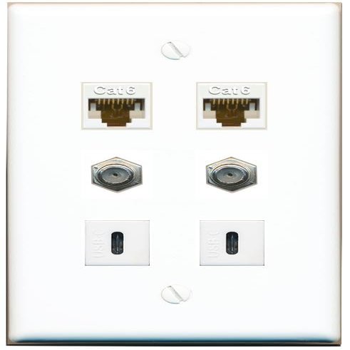 2 CAT6 2 Coax 2 USBC Flat/Solid Wall Plate [White]