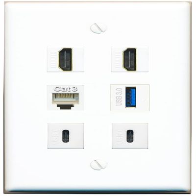2 HDMI Phone USB-3 2 USBC Flat/Solid Wall Plate [White]