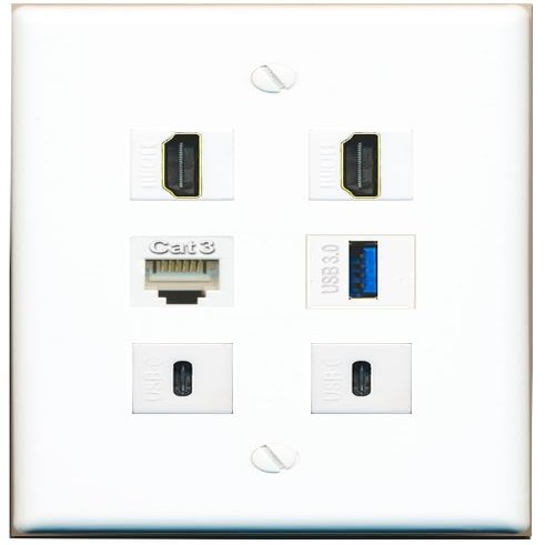 2 HDMI Phone USB-3 2 USBC Flat/Solid Wall Plate [White]