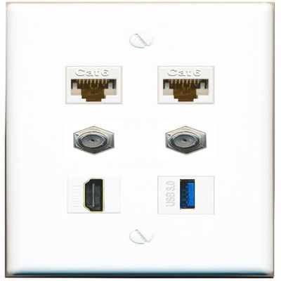 2 CAT6 2 Coax HDMI USB-3 Flat/Solid Wall Plate [White]