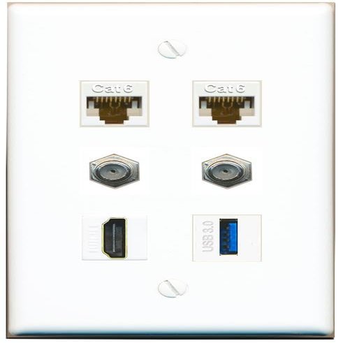 2 CAT6 2 Coax HDMI USB-3 Flat/Solid Wall Plate [White]