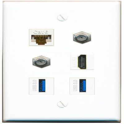 CAT6 2 Coax HDMI 2 USB-3 Flat/Solid Wall Plate [White]
