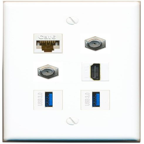 CAT6 2 Coax HDMI 2 USB-3 Flat/Solid Wall Plate [White]