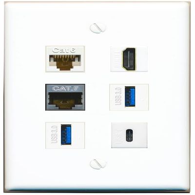 CAT6 CAT7 HDMI 2 USB-3 USBC Flat/Solid Wall Plate [White]