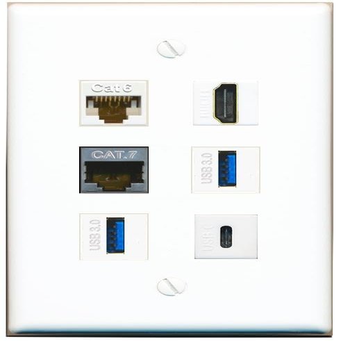 CAT6 CAT7 HDMI 2 USB-3 USBC Flat/Solid Wall Plate [White]