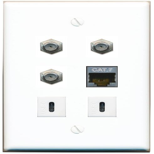 CAT7 3 Coax 2 USBC Flat/Solid Wall Plate [White]