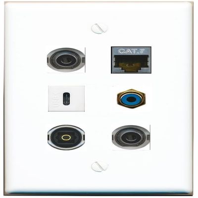 2 3.5mm CAT7 RCA-Blue TOSLINK USBC Flat/Solid Wall Plate [White]