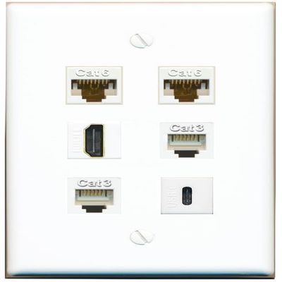2 CAT6 HDMI 2 Phone USBC Flat/Solid Wall Plate [White]