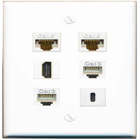 2 CAT6 HDMI 2 Phone USBC Flat/Solid Wall Plate [White]