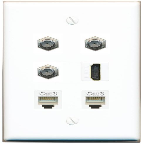 3 Coax HDMI 2 Phone Flat/Solid Wall Plate [White]