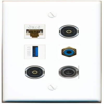 3.5mm CAT6 RCA-Blue 2 TOSLINK USB-3 Flat/Solid Wall Plate [White]