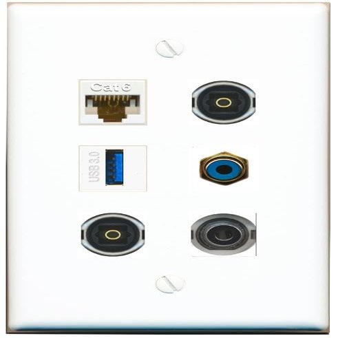 3.5mm CAT6 RCA-Blue 2 TOSLINK USB-3 Flat/Solid Wall Plate [White]