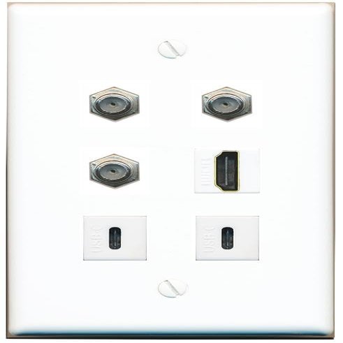 3 Coax HDMI 2 USBC Flat/Solid Wall Plate [White]