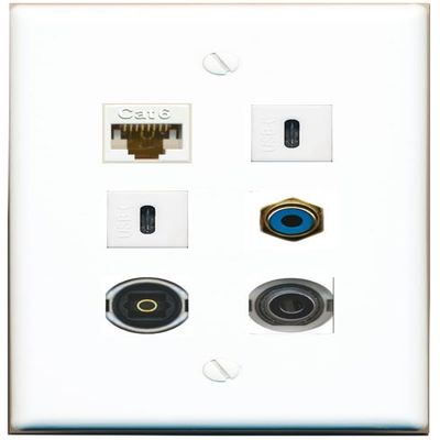 3.5mm CAT6 RCA-Blue TOSLINK 2 USBC Flat/Solid Wall Plate [White]