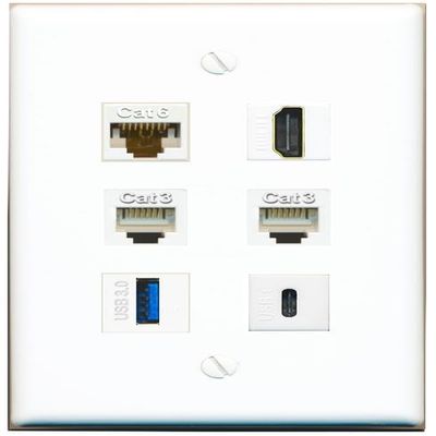 CAT6 HDMI 2 Phone USB-3 USBC Flat/Solid Wall Plate [White]