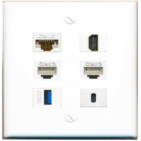 CAT6 HDMI 2 Phone USB-3 USBC Flat/Solid Wall Plate [White]