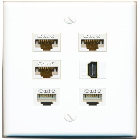 3 CAT6 HDMI 2 Phone Flat/Solid Wall Plate [White]