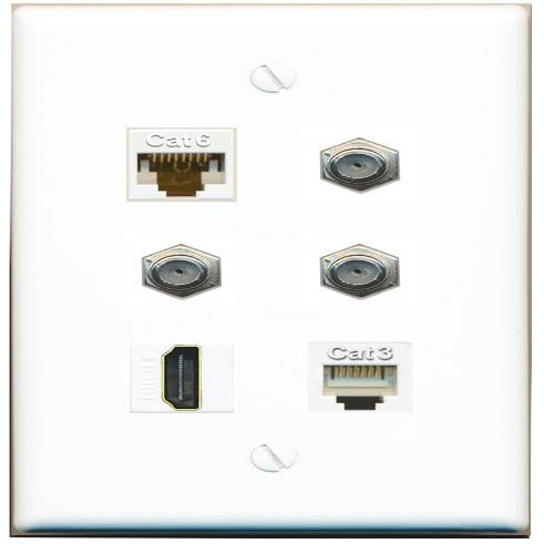 CAT6 3 Coax HDMI Phone Flat/Solid Wall Plate [White]