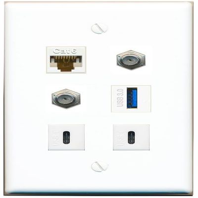 CAT6 2 Coax USB-3 2 USBC Flat/Solid Wall Plate [White]