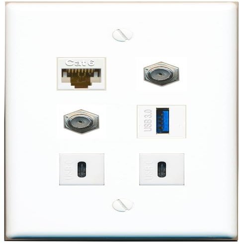 CAT6 2 Coax USB-3 2 USBC Flat/Solid Wall Plate [White]