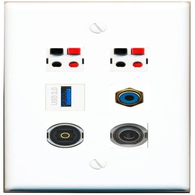 3.5mm RCA-Blue 2 Speaker TOSLINK USB-3 Flat/Solid Wall Plate [White]