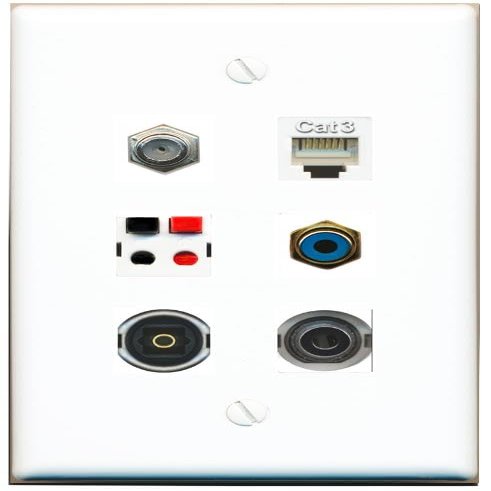 3.5mm Coax Phone RCA-Blue Speaker TOSLINK Flat/Solid Wall Plate [White]