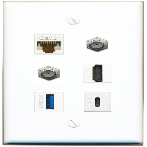 CAT6 2 Coax HDMI USB-3 USBC Flat/Solid Wall Plate [White]