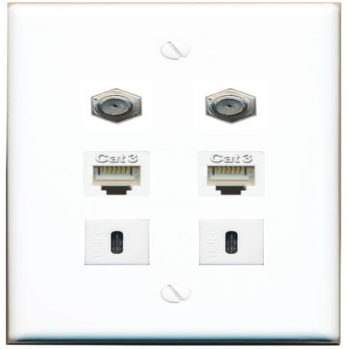 2 Coax 2 Phone 2 USBC Flat/Solid Wall Plate [White]