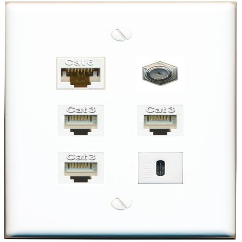 CAT6 Coax 3 Phone USBC Flat/Solid Wall Plate [White]