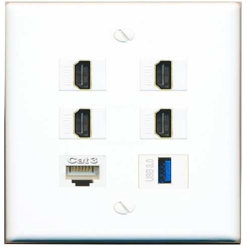4 HDMI Phone USB-3 Flat/Solid Wall Plate [White]