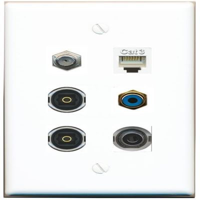 3.5mm Coax Phone RCA-Blue 2 TOSLINK Flat/Solid Wall Plate [White]