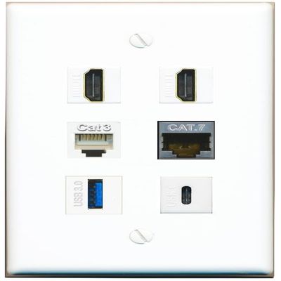 CAT7 2 HDMI Phone USB-3 USBC Flat/Solid Wall Plate [White]