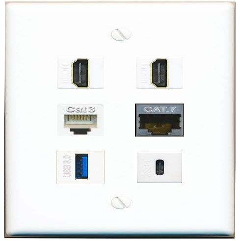 CAT7 2 HDMI Phone USB-3 USBC Flat/Solid Wall Plate [White]